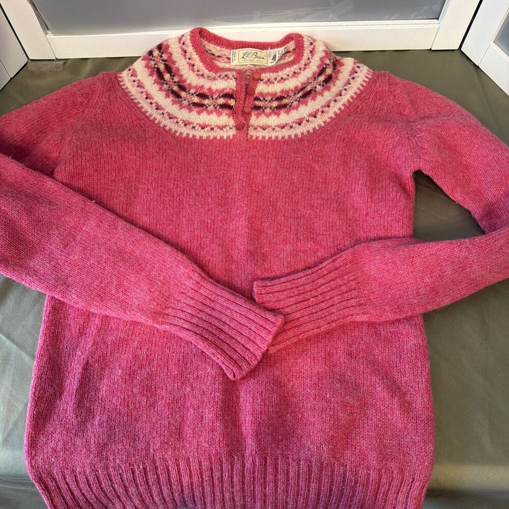 Vtg 80s LL Bean Shetland Wool Fair Isle Henley Sweater Pink Womens M Made HK